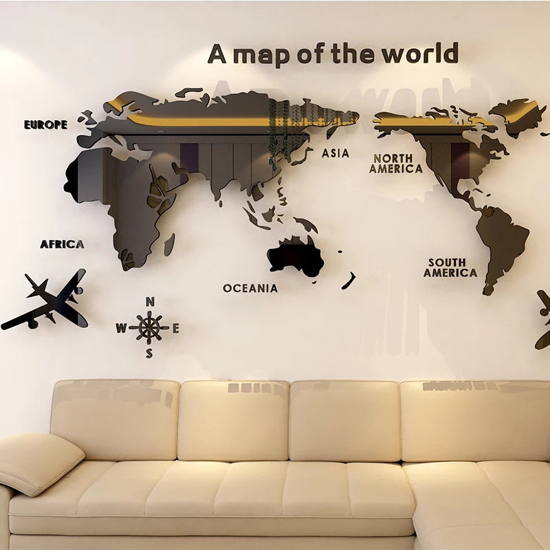 3D Wall Sticker Acrylic Wall Decorations Living Room Bedroom World Map Stickers