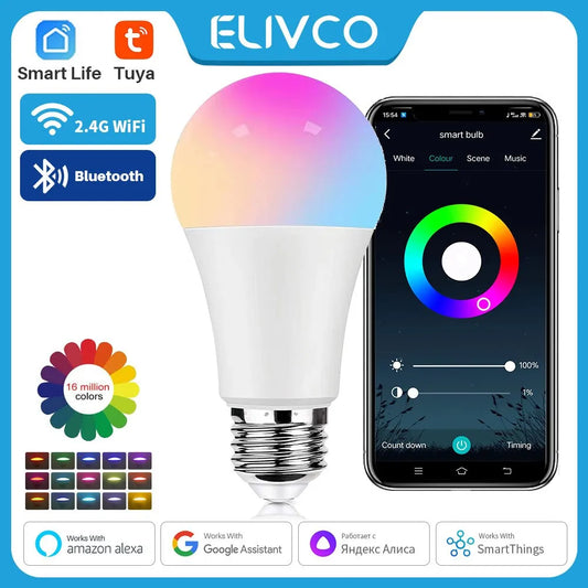 Tuya Smart Bulb E27 WiFi/Bluetooth Dimmable LED Light Bulb RGBCW 100-240V Smart
