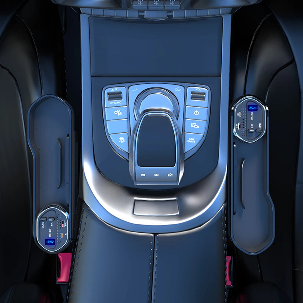 منظم فجوة مقعد السيارة العالمي مع حامل أكواب وجيب جانبي لوحدة التحكم التلقائي مع شحن لاسلكي لكابل IOS TypeC القابل للسحب